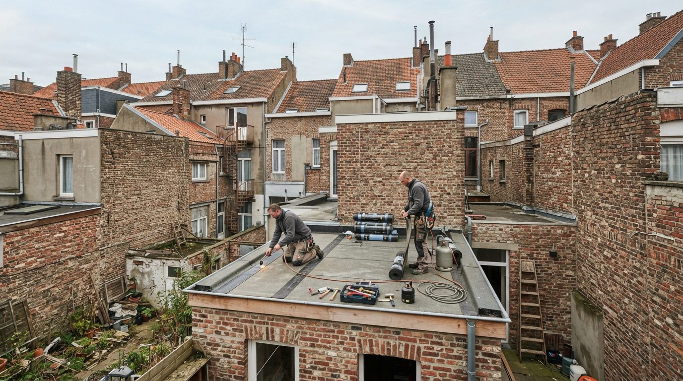 roofing-vernieuwen-stadswoning-gent 2 Regenwater stroomt naar de afvoer van een plat roofing dak.