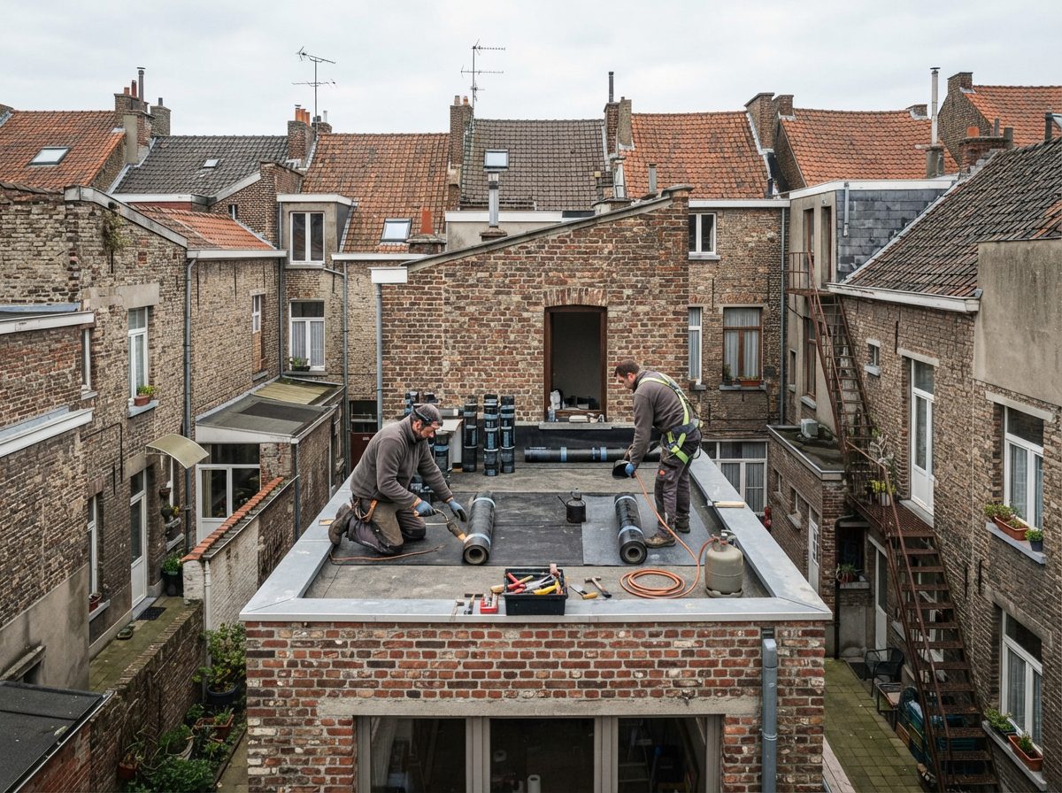 roofing-vernieuwen-stadswoning-gent Roofingwerken op een platte achterbouw tussen Gentse rijwoningen.