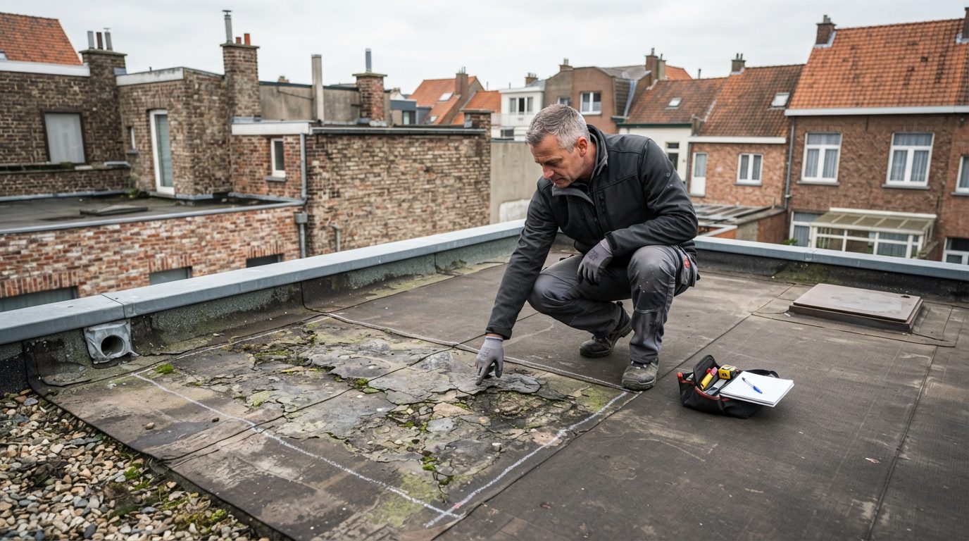 Dakwerker beoordeelt hoe groot de beschadigde zone van een plat dak is.