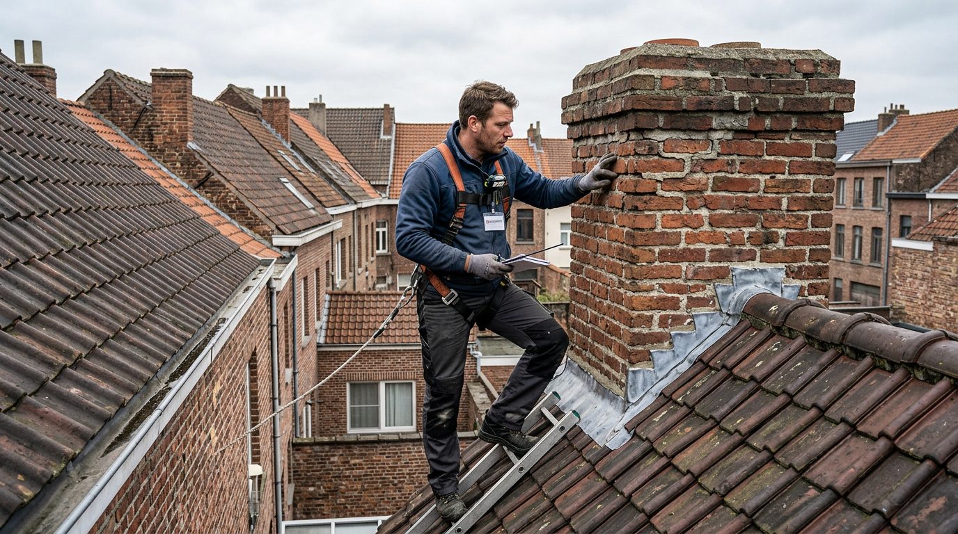 schoorsteen-controleren-gent Dakwerker controleert een bakstenen schoorsteen op een Gentse rijwoning.