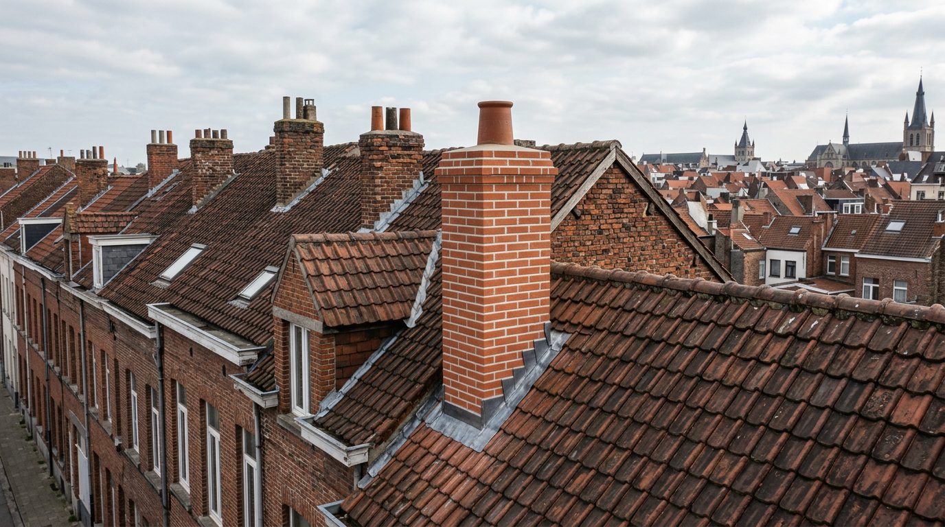schoorsteen-herstellen-gent Herstelde bakstenen schoorsteen op een Gentse rijwoning.