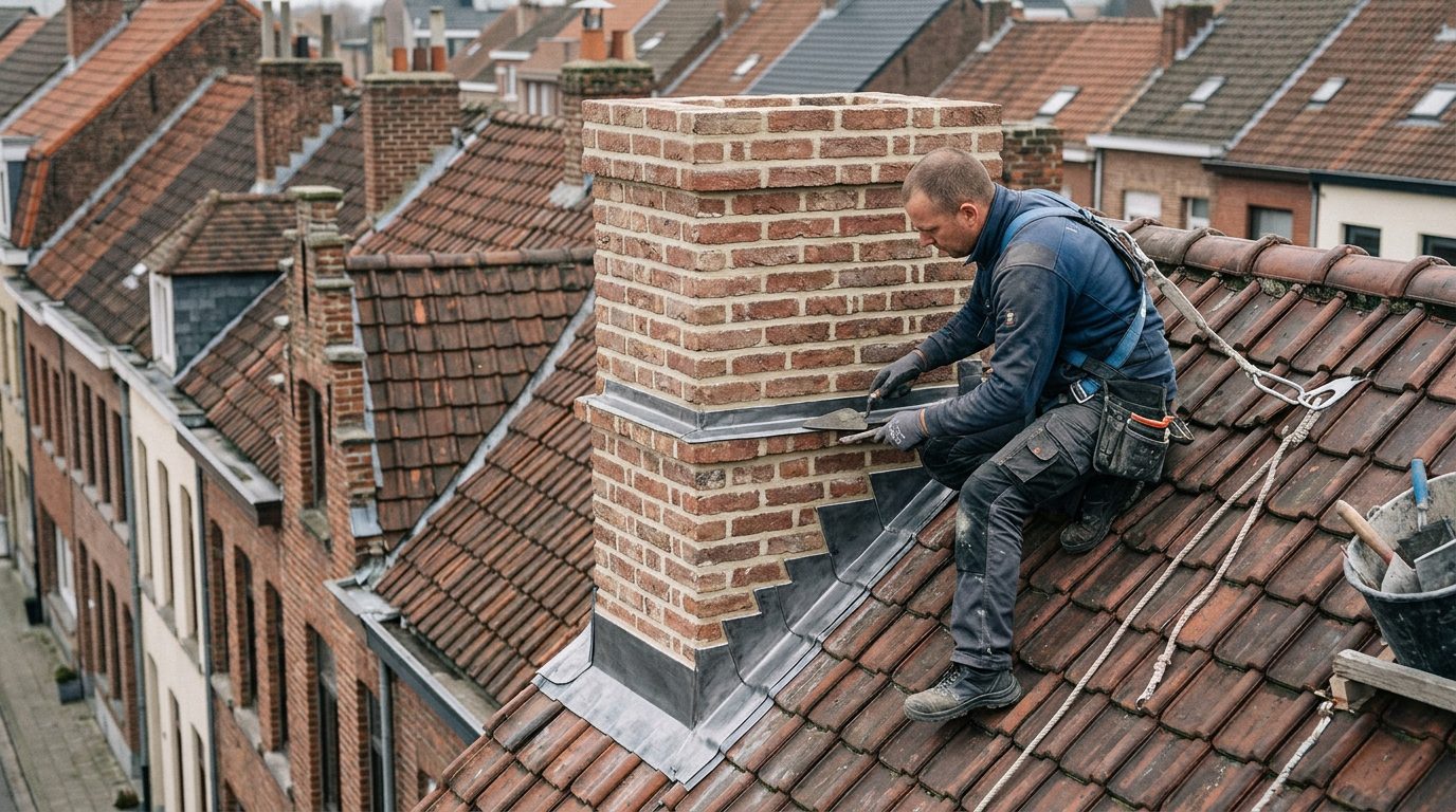 schoorsteen-herstellen-waterdicht-afwerken Dakwerker werkt een herstelde schoorsteen waterdicht af.