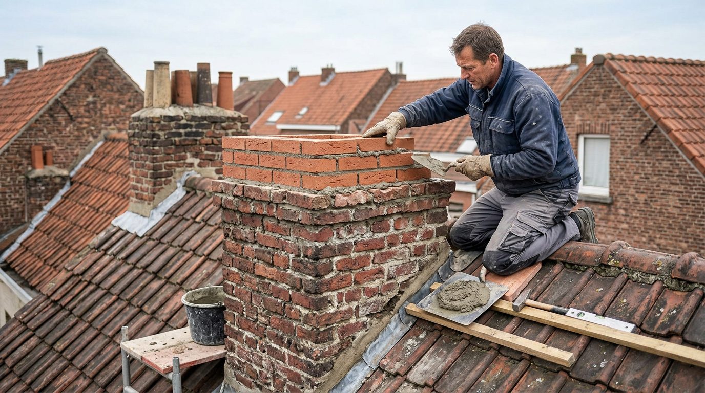 schoorsteen-opnieuw-opbouwen-gent Bovenste deel van een bakstenen schoorsteen wordt opnieuw opgebouwd.