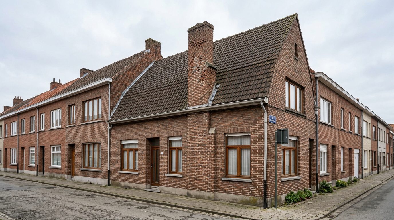 schoorsteen-rijwoning-gentbrugge Bakstenen schoorsteen op een gesloten rijwoning in Gentbrugge.