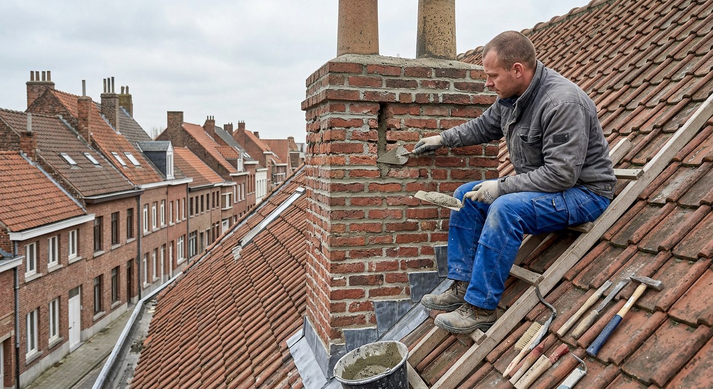 schoorsteen-voegen-herstellen-gent Dakwerker herstelt de voegen van een bakstenen schoorsteen.