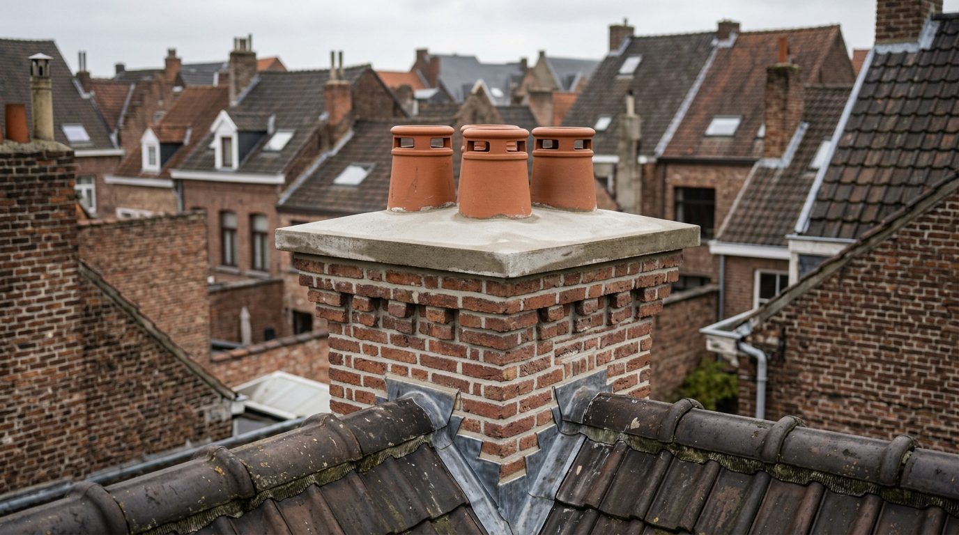 schoorsteenkop-herstellen-gent Vernieuwde bovenzijde van een bakstenen schoorsteen.