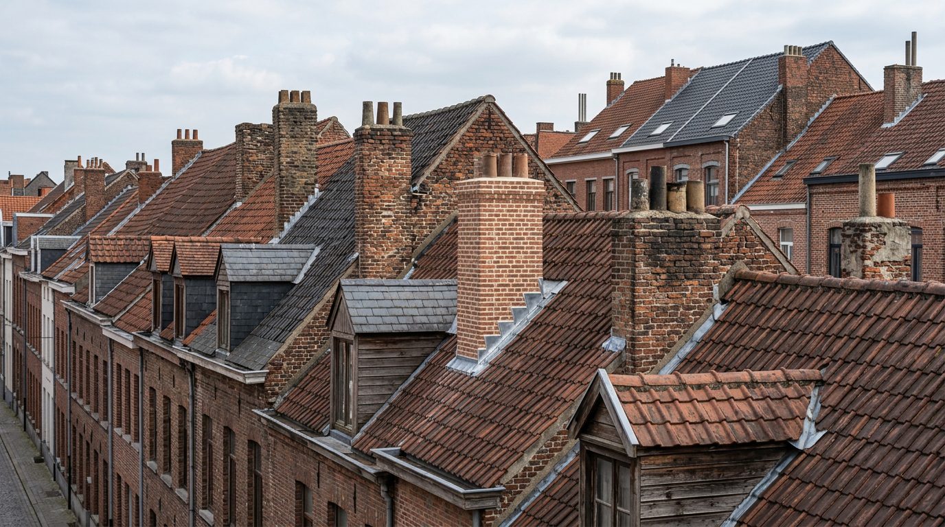 schoorstenen-oudere-woningen-gent Schoorstenen op aaneengesloten oudere stadswoningen in Gent.