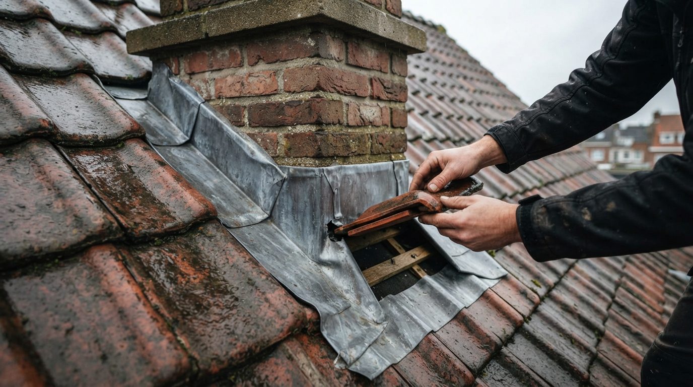 Inspectie van de aansluiting tussen een gemetselde schouw en dakpannen.