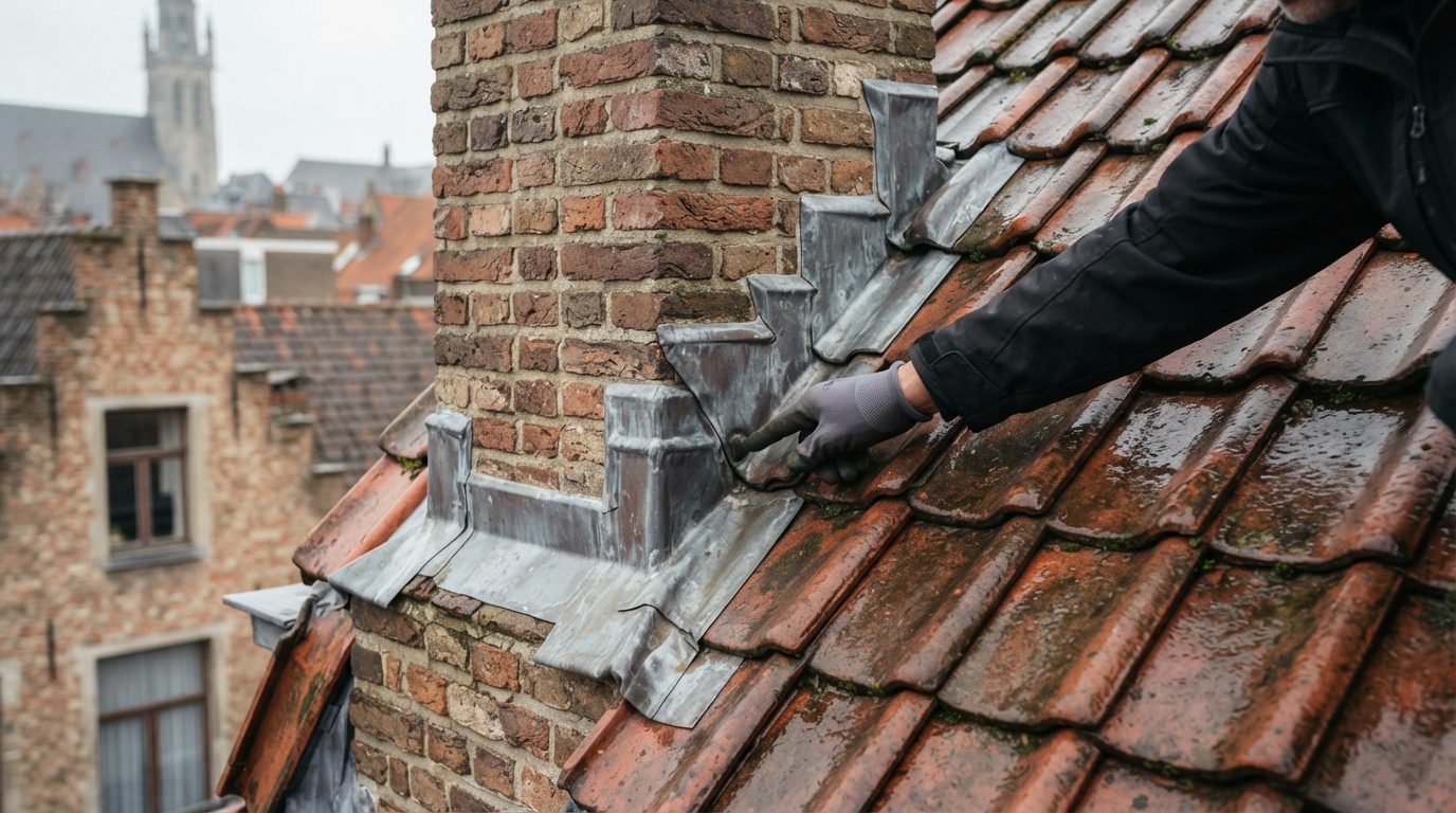 Controle van de waterdichte aansluiting rond een schouw op een pannendak.