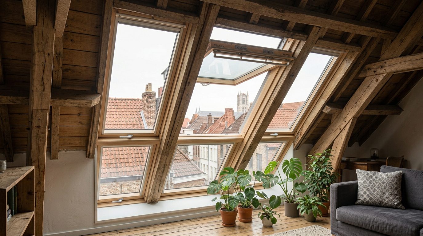 uitzetbaar-dakraam-gent Uitzetbaar dakraam dat naar buiten opent in een afgewerkte zolderruimte.
