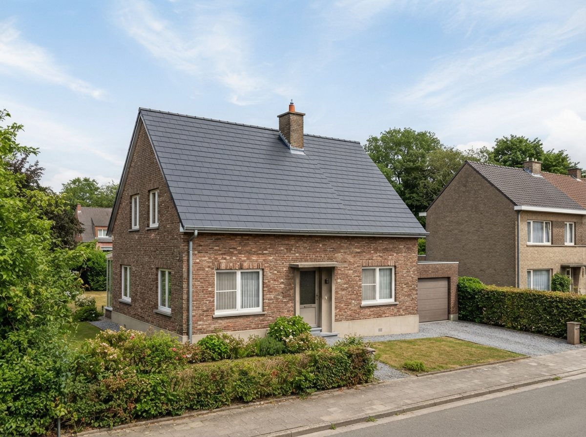 Halfopen Vlaamse woning met een vernieuwd dak in donkere kunstleien.