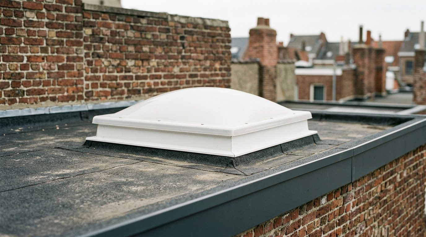 vaste-lichtkoepel-plat-dak Vaste lichtkoepel op een plat dak met nette dakafwerking.