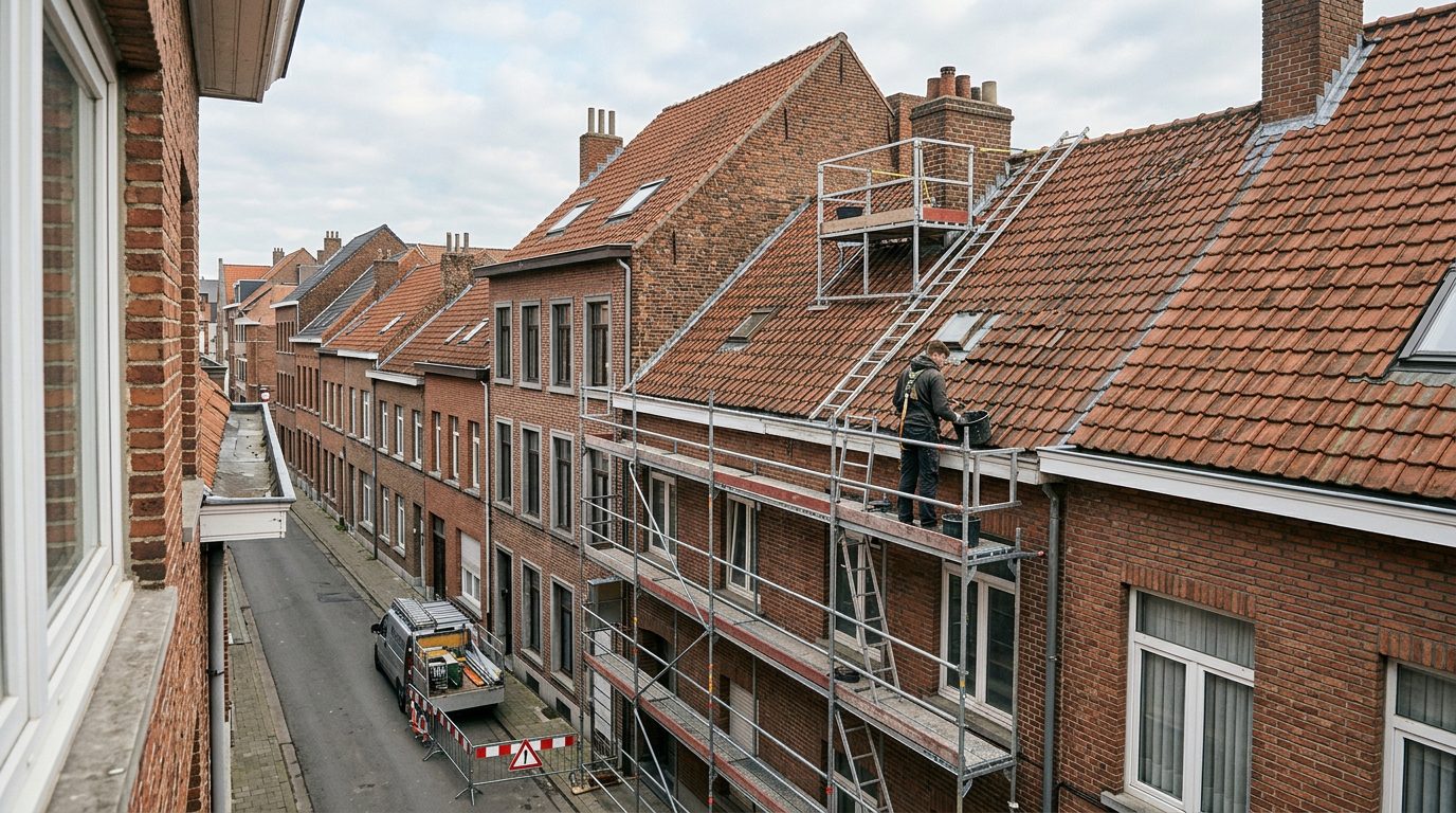 veilige-toegang-schoorsteen-gent Veilige toegang tot de schoorsteen van een hoge Gentse rijwoning.