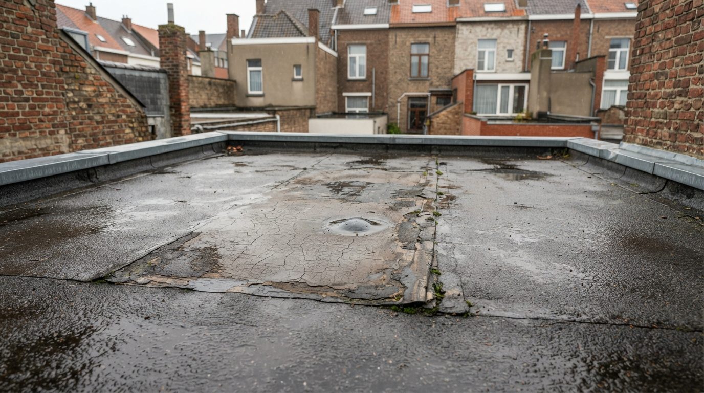 Verouderde roofing met slijtage op een plat dak.