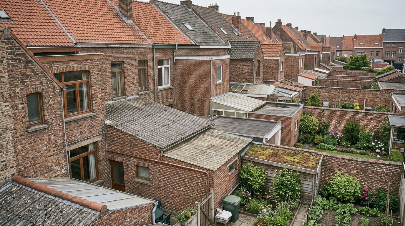 Verweerde oude golfplaten op het dak van een garage bij een Vlaamse woning.