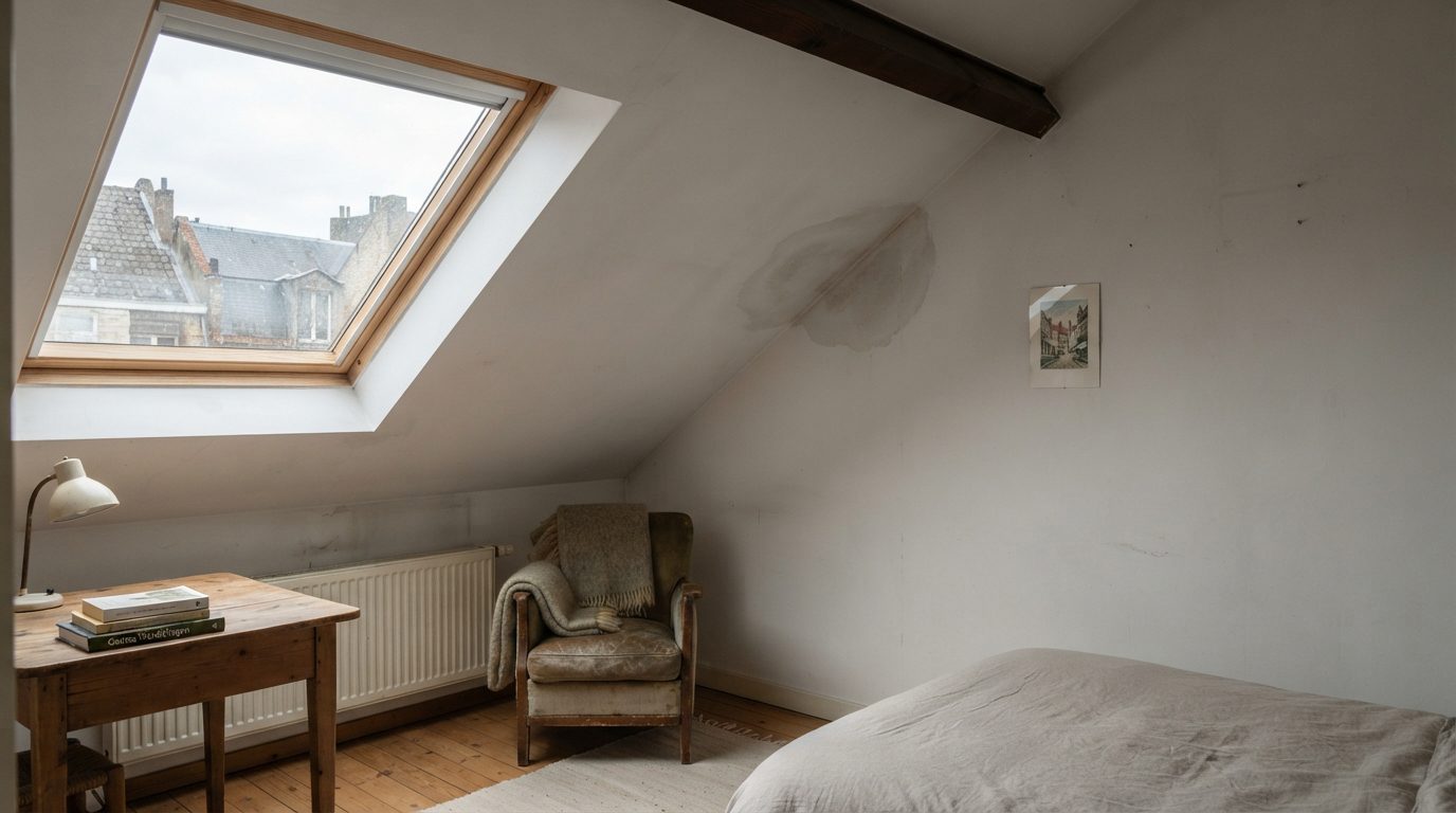 Vochtplek aan het plafond van de bovenverdieping van een oudere stadswoning.