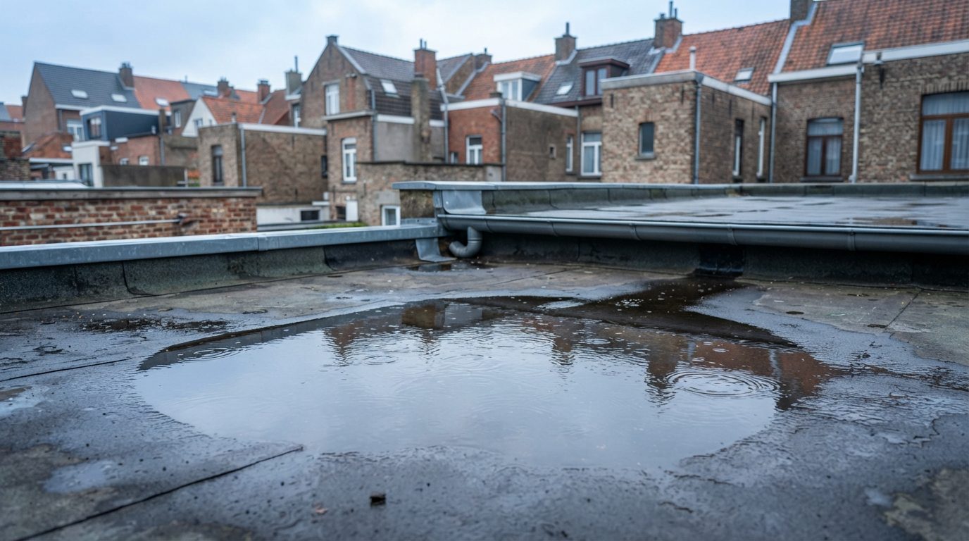 Regenwater blijft na een bui plaatselijk op een plat dak staan.