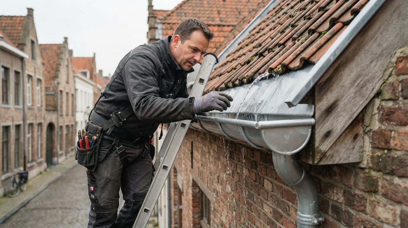 waterafvoer-nieuwe-dakgoot-controleren-gent Dakwerker controleert met water de afvoer van een pas geplaatste dakgoot.