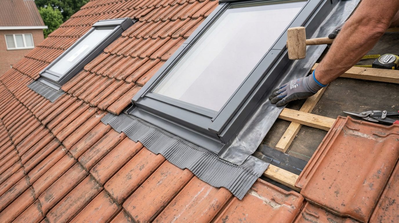 waterdichte-aansluiting-dakraam Detail van de waterdichte aansluiting tussen een dakraam en de dakpannen.