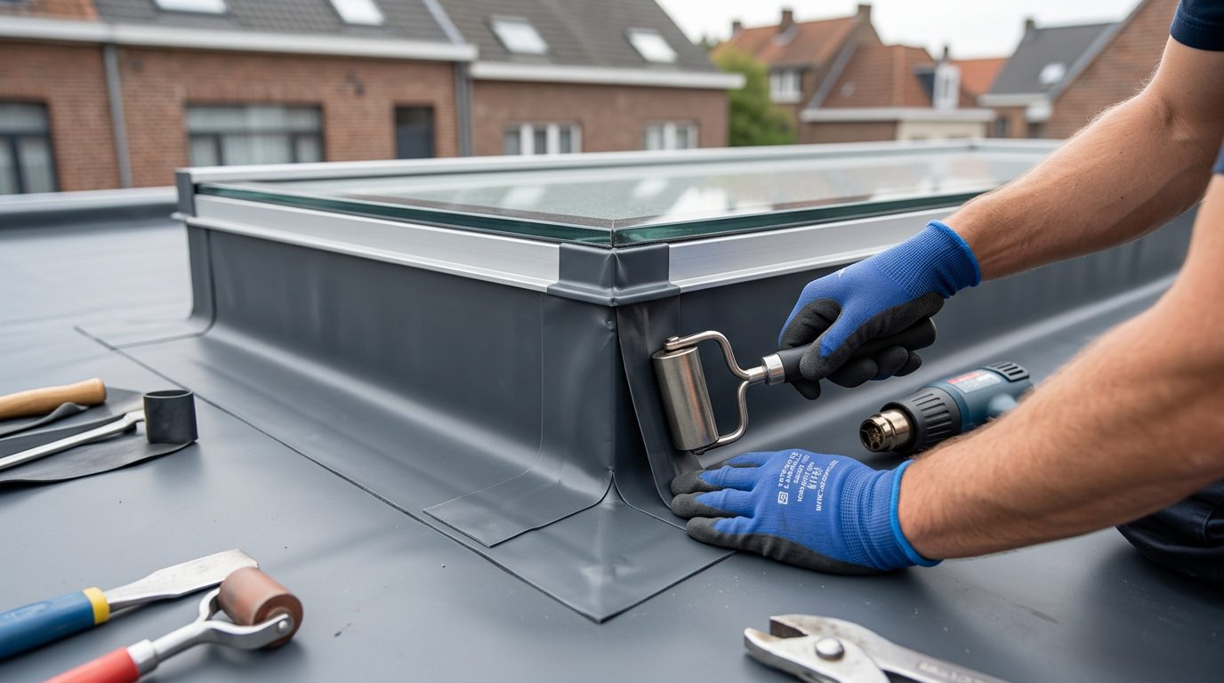 waterdichte-aansluiting-lichtstraat-epdm Waterdichte EPDM-aansluiting rond de opstand van een lichtstraat.