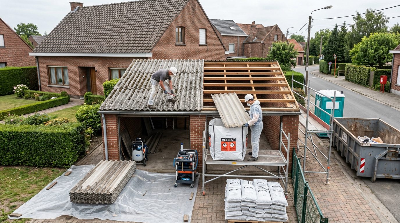 Gecontroleerde verwijdering van golfplaten waarbij de houten dakconstructie zichtbaar wordt.