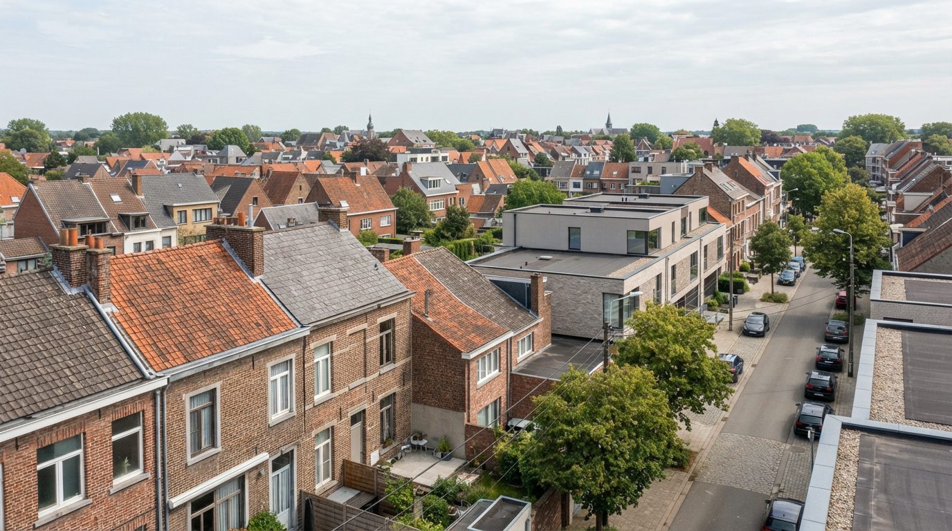 woningtypes-daken-gent Verschillende woningtypes en daken in een Gentse woonomgeving.