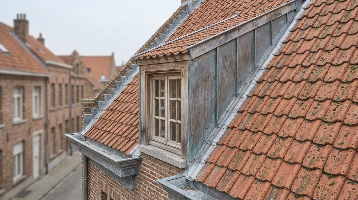 Zinken afwerking rond een dakkapel in een hellend pannendak.