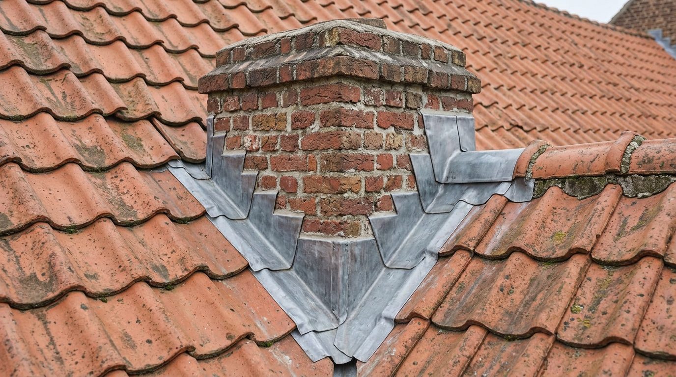 Zinken aansluiting rond een gemetselde schouw op een pannendak.