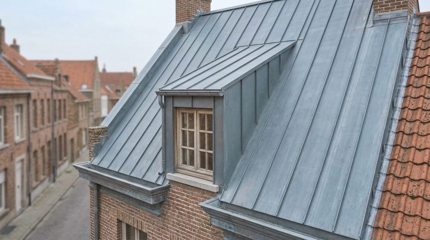 Volledige zinken dakbedekking met staande naden op een Belgische woning.