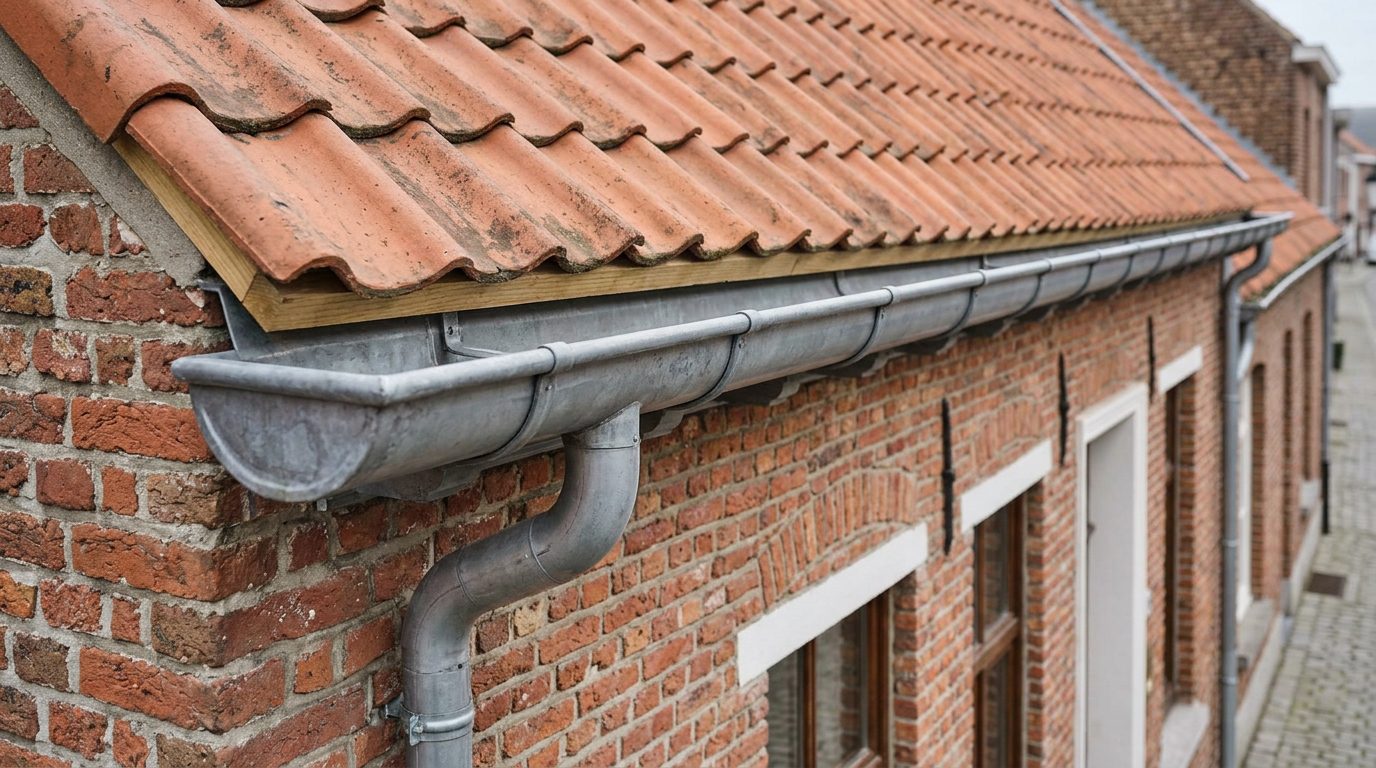 Correct afgewerkte zinken dakgoot aan een Vlaamse woning.