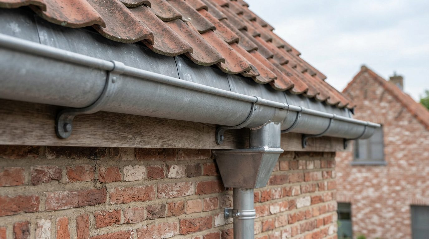 zinken-dakgoot-gent Nieuw geplaatste zinken dakgoot onder een pannendak.