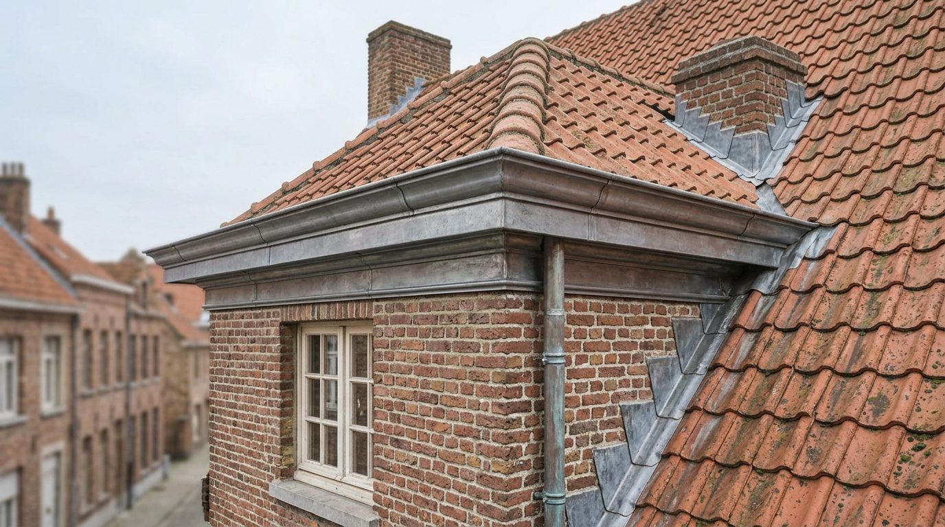 Zinken afwerking van dakrand en kroonlijst aan een Gentse stadswoning.