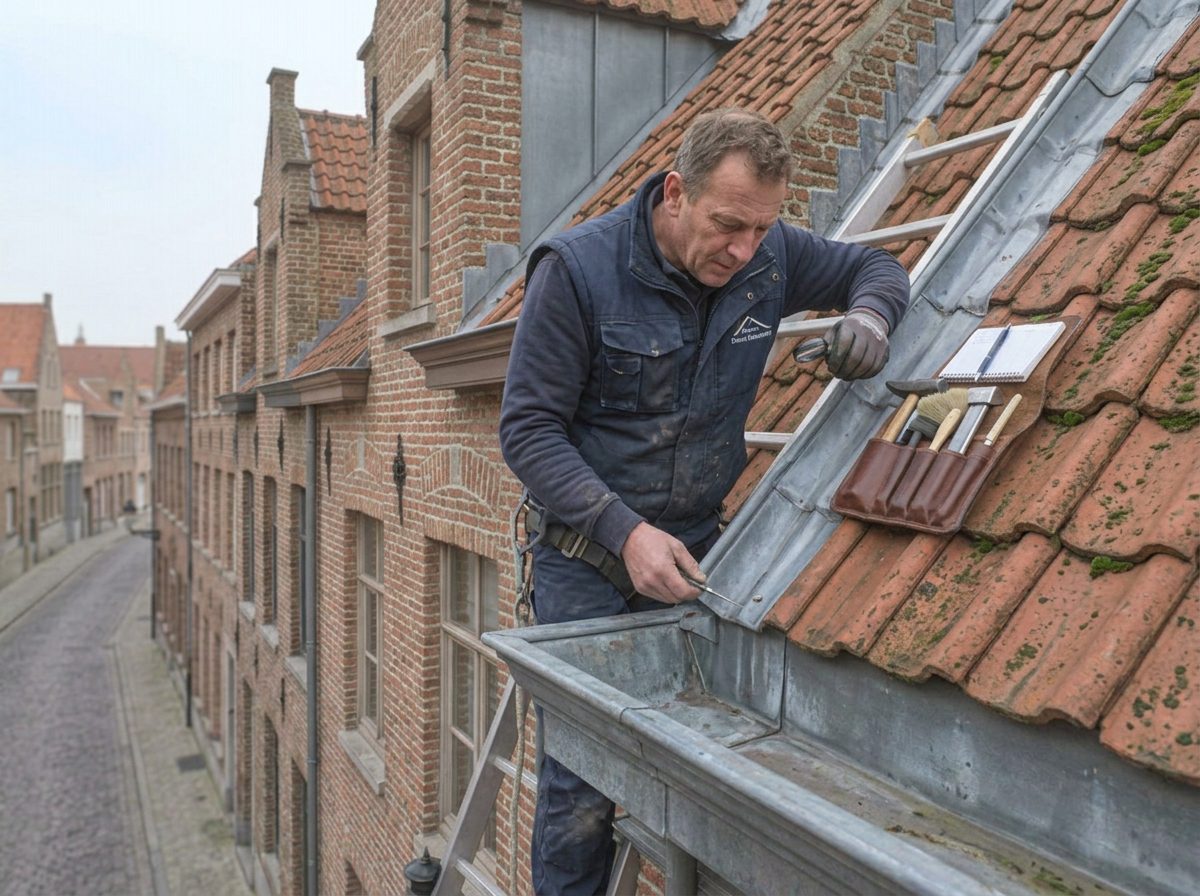 Dakwerker inspecteert bestaand zinkwerk aan de dakrand.