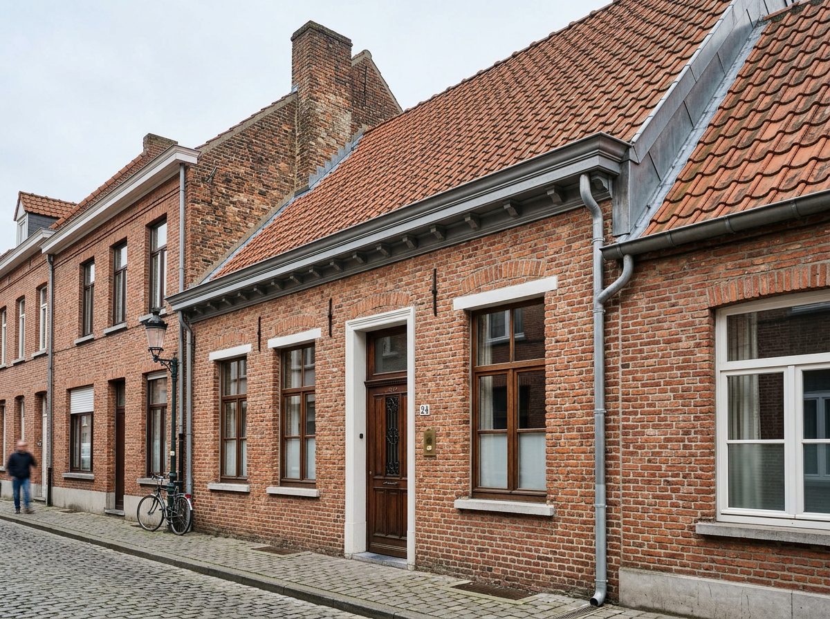 Zinken dakgoot en dakafwerking aan een oudere stadswoning in Gent.